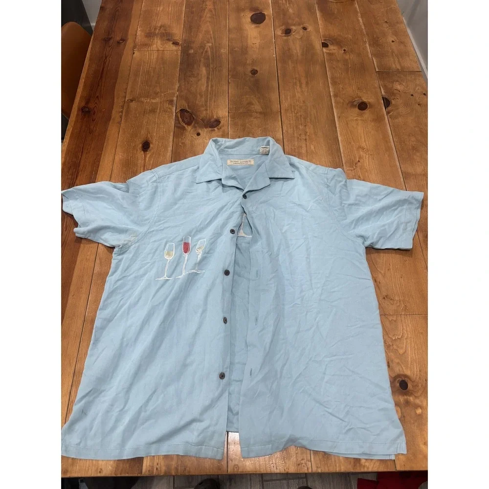 Island Republic Men's Large L 100% Silk Casual Button Down Shirt Wine Glasses